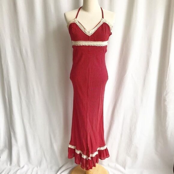 Vintage Maje polka dot halter lace detail dress S - Picture 1 of 10